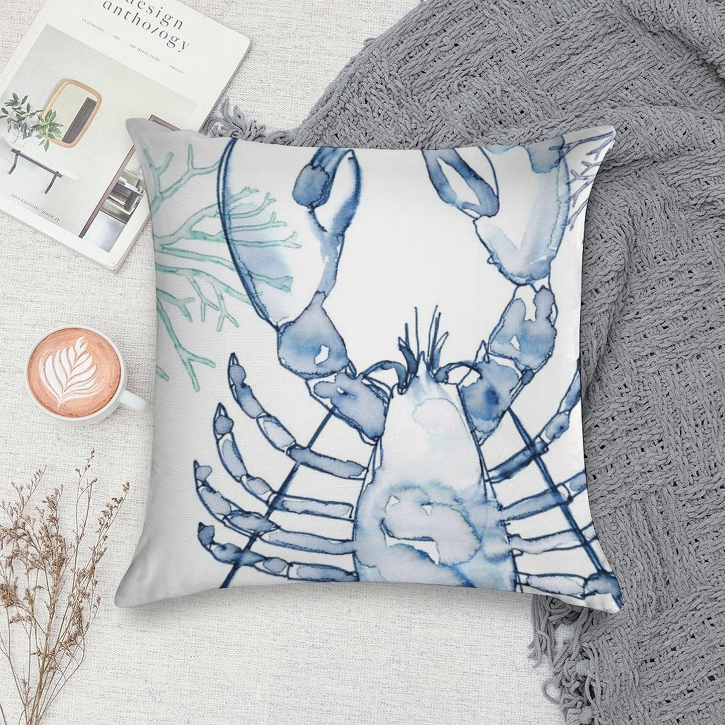 Coastal Lobster, Watercolor in Blues Soft Durable Construction Throw Pillow