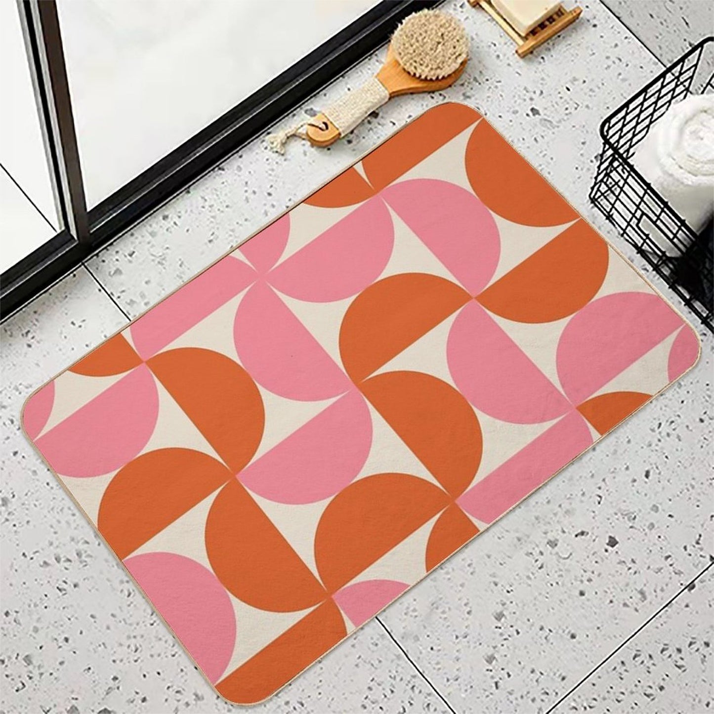 Minimalist Geometric  Mid Century Modern Abstract Half Circles Pattern in Pink And Orange Durable Bath Mat
