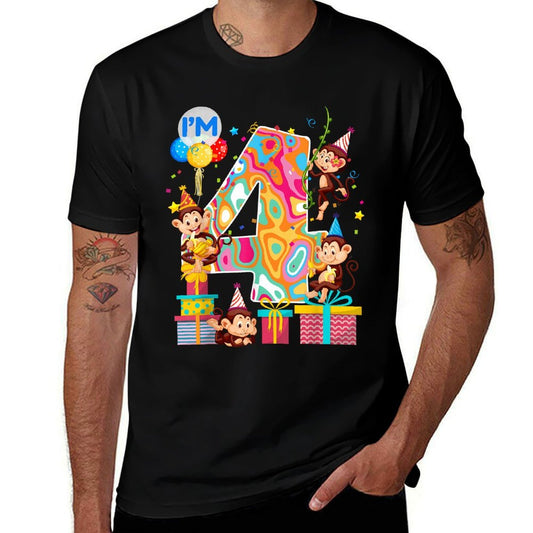 4th B-Day Monkey Birthday Zoo Animal 4 Year Old Funny  Tagless Design T-Shirt
