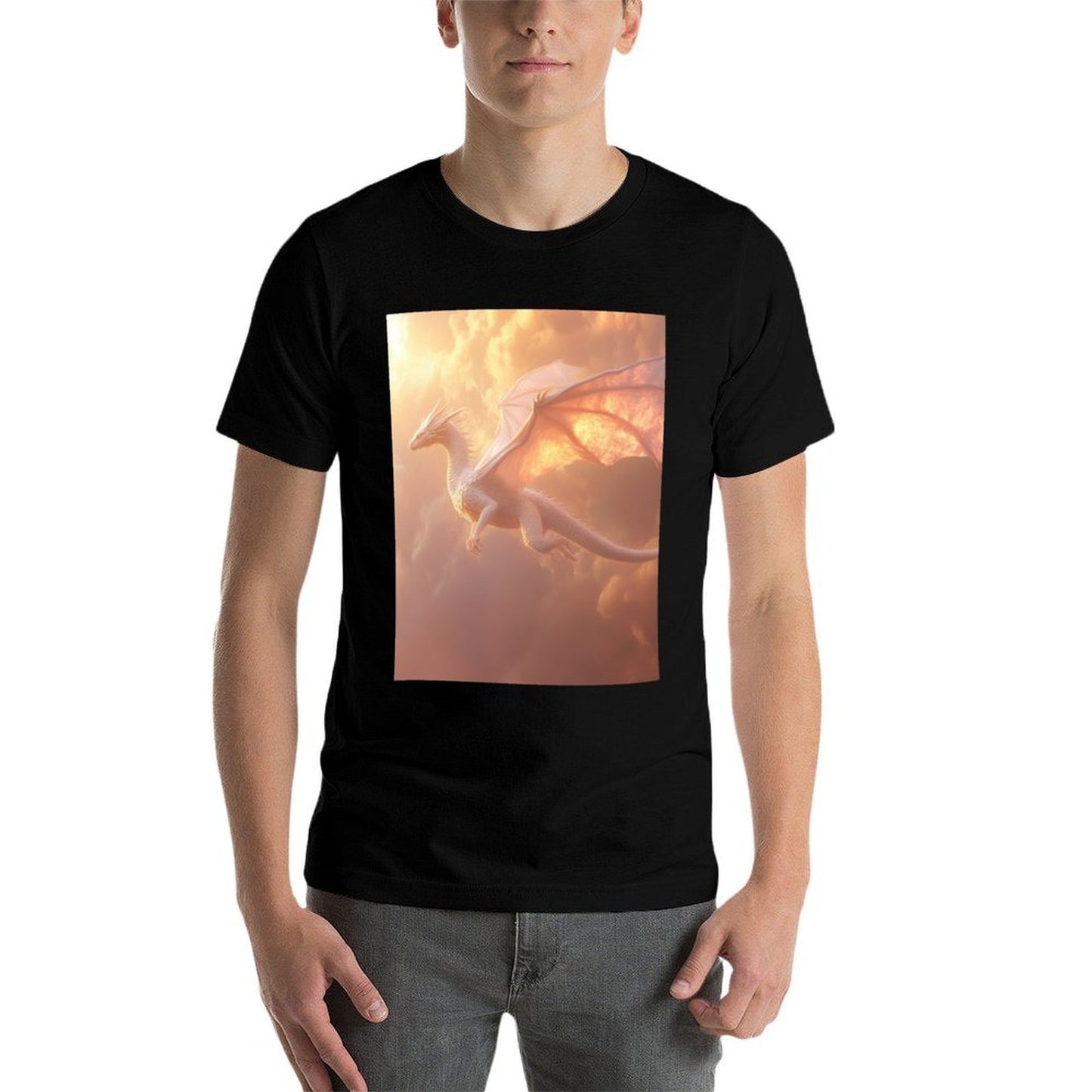 Majestic White Dragon Soaring in Twilight Sky  Fade-proof Color T-Shirt