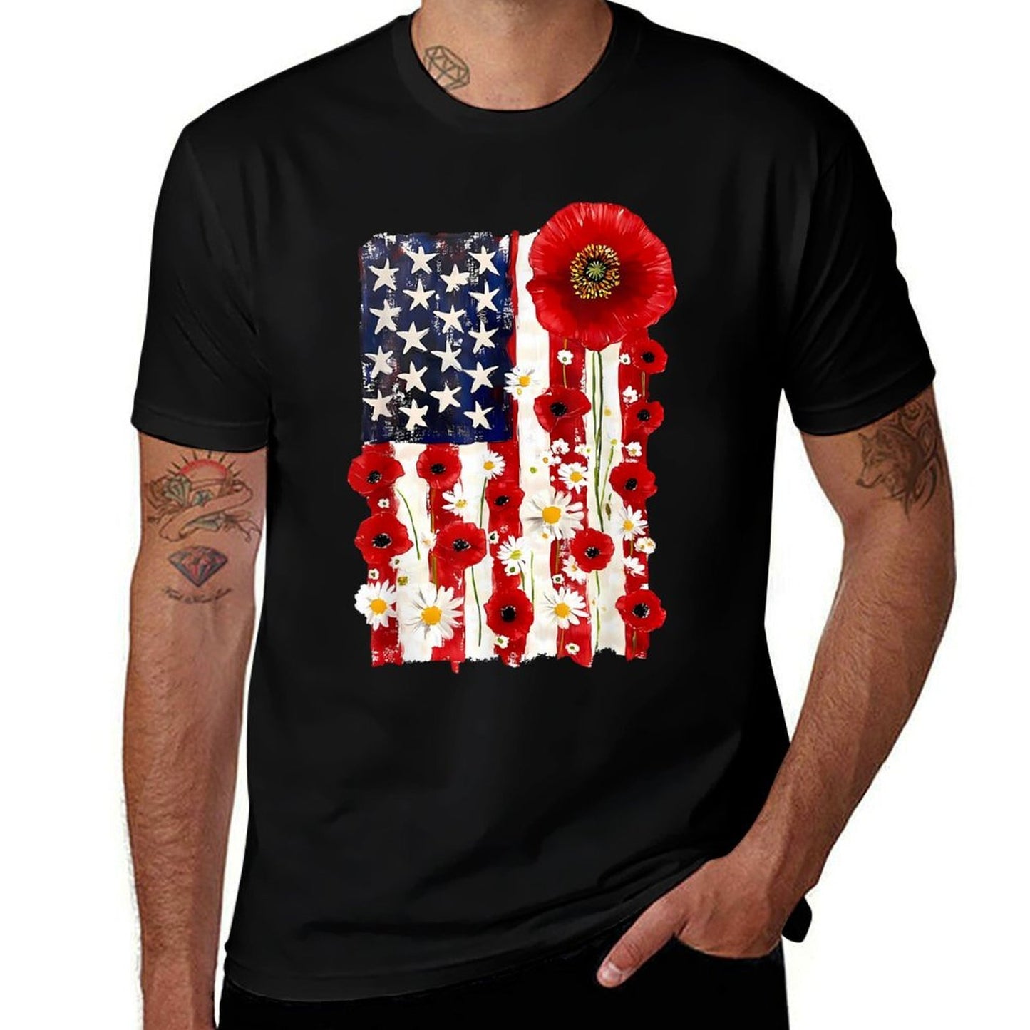 Red Poppy Flower US Patriotic Veterans Day Memorial Day  Heathered Texture T-Shirt
