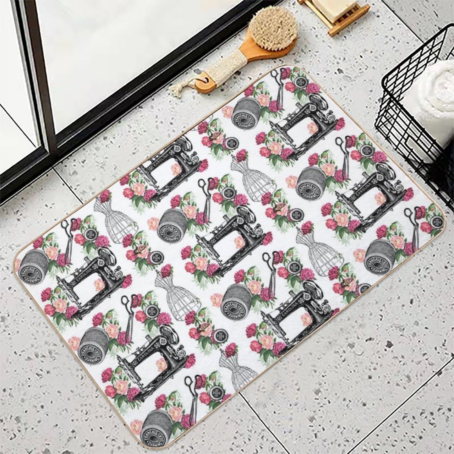 Vintage Sewing Pink Roses  Rapid-Drying Bath Mat