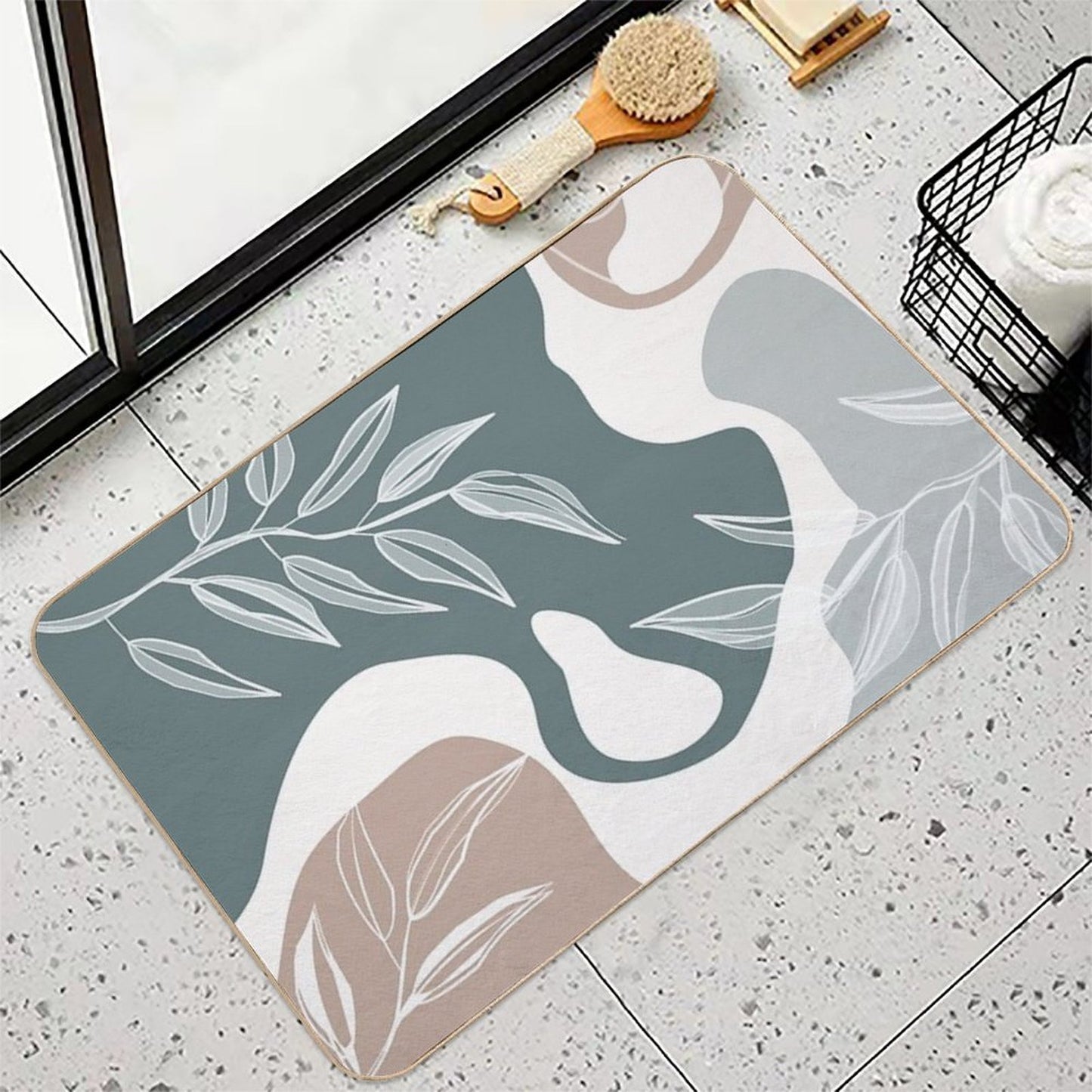 Abstract - Aqua And Beige Shapes, Lines And Leaves  Anti-Trip Bath Mat