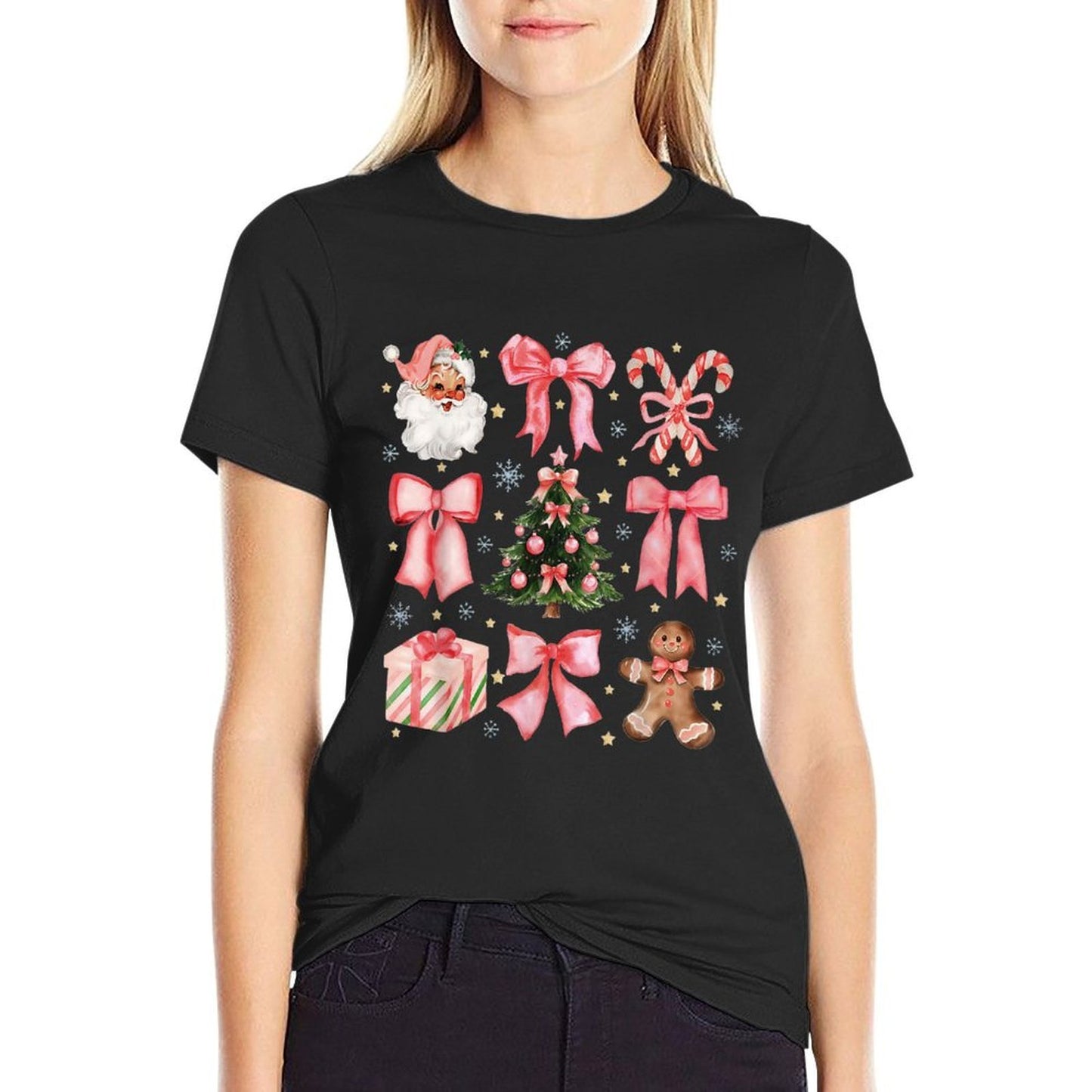 Coquette Bow Santa Christmas Tree Cake Candy Cane Xmas  Tagless Design T-Shirt