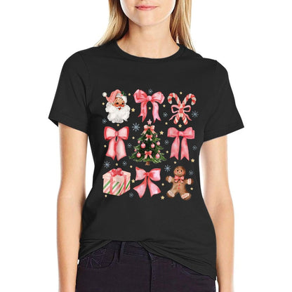Coquette Bow Santa Christmas Tree Cake Candy Cane Xmas  Tagless Design T-Shirt