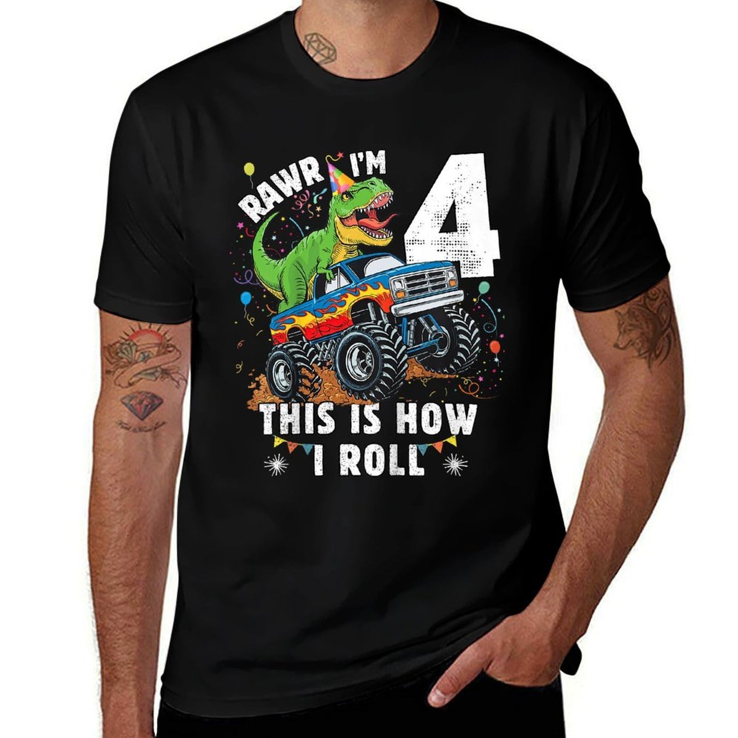 Kids Dinosaur Monster Truck 4th Birthday Boy T Rex 4 Year Old  Wrinkle-resistant T-Shirt