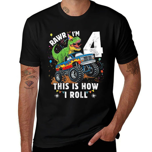 Kids Dinosaur Monster Truck 4th Birthday Boy T Rex 4 Year Old  Wrinkle-resistant T-Shirt