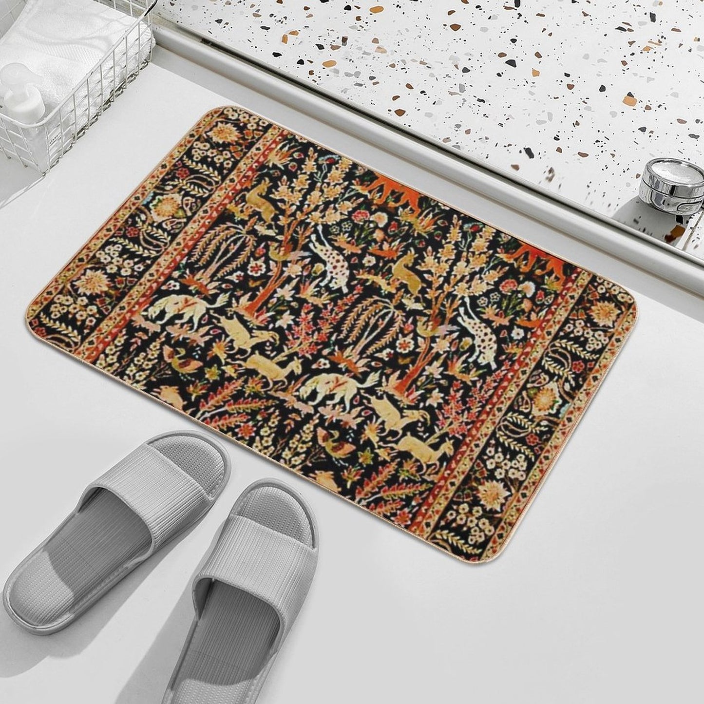 Antique Floral Persian Carpet with Animals Print  Eco-Friendly Bath Mat