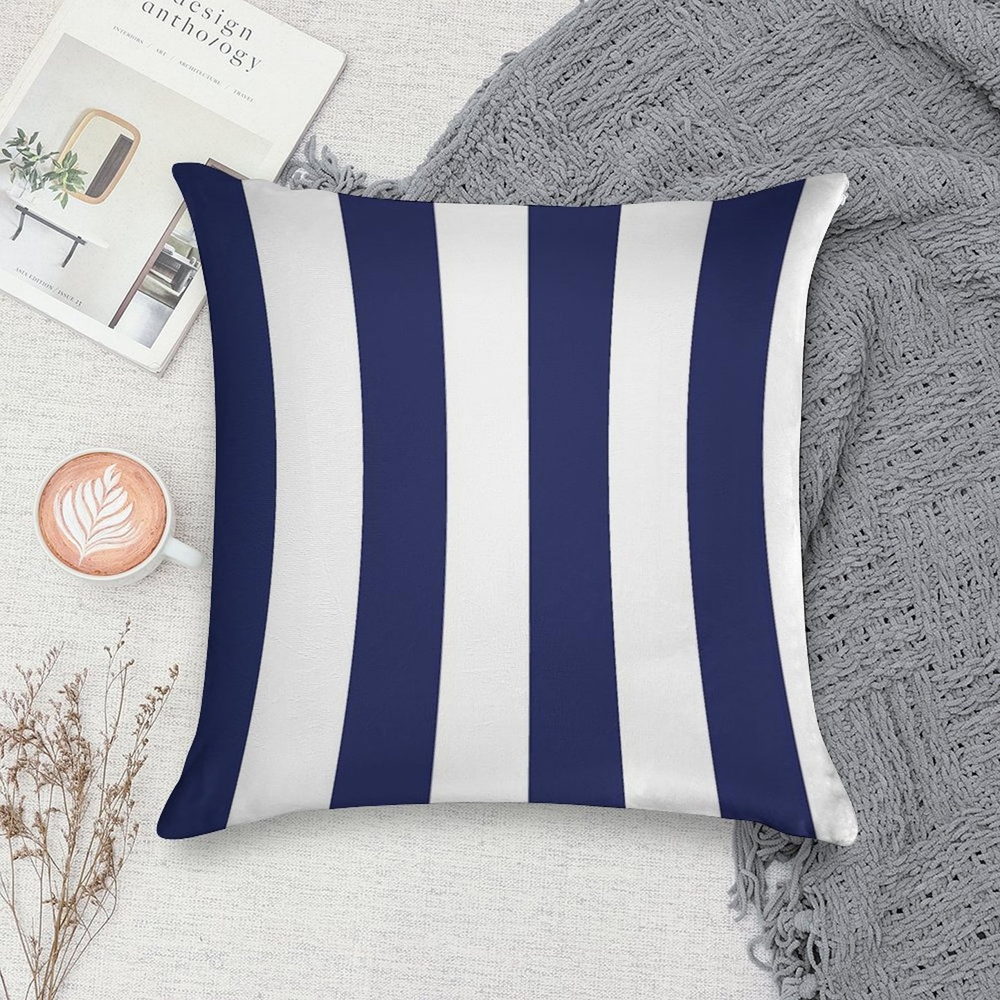 Navy Blue And White Stripes, Vertical Awning Stripes Soft Skin-Friendly Throw Pillow