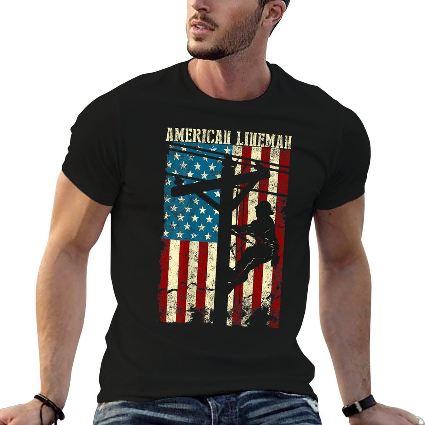 Lineman American Flag Electric Cable Patriotic Lineman  High-quality Stitching T-Shirt