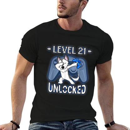 Level 21 Unlocked - Funny Dabbing Husky Gamer 21st Birthday  Wrinkle-resistant T-Shirt