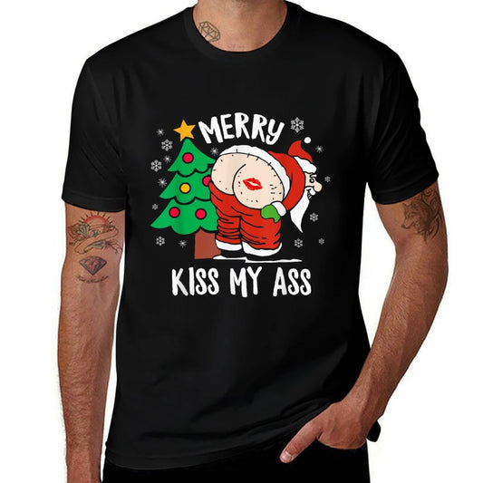 Merry Kiss My Ass Naughty Christmass Funny Santa Claus  Rolled Sleeves T-Shirt