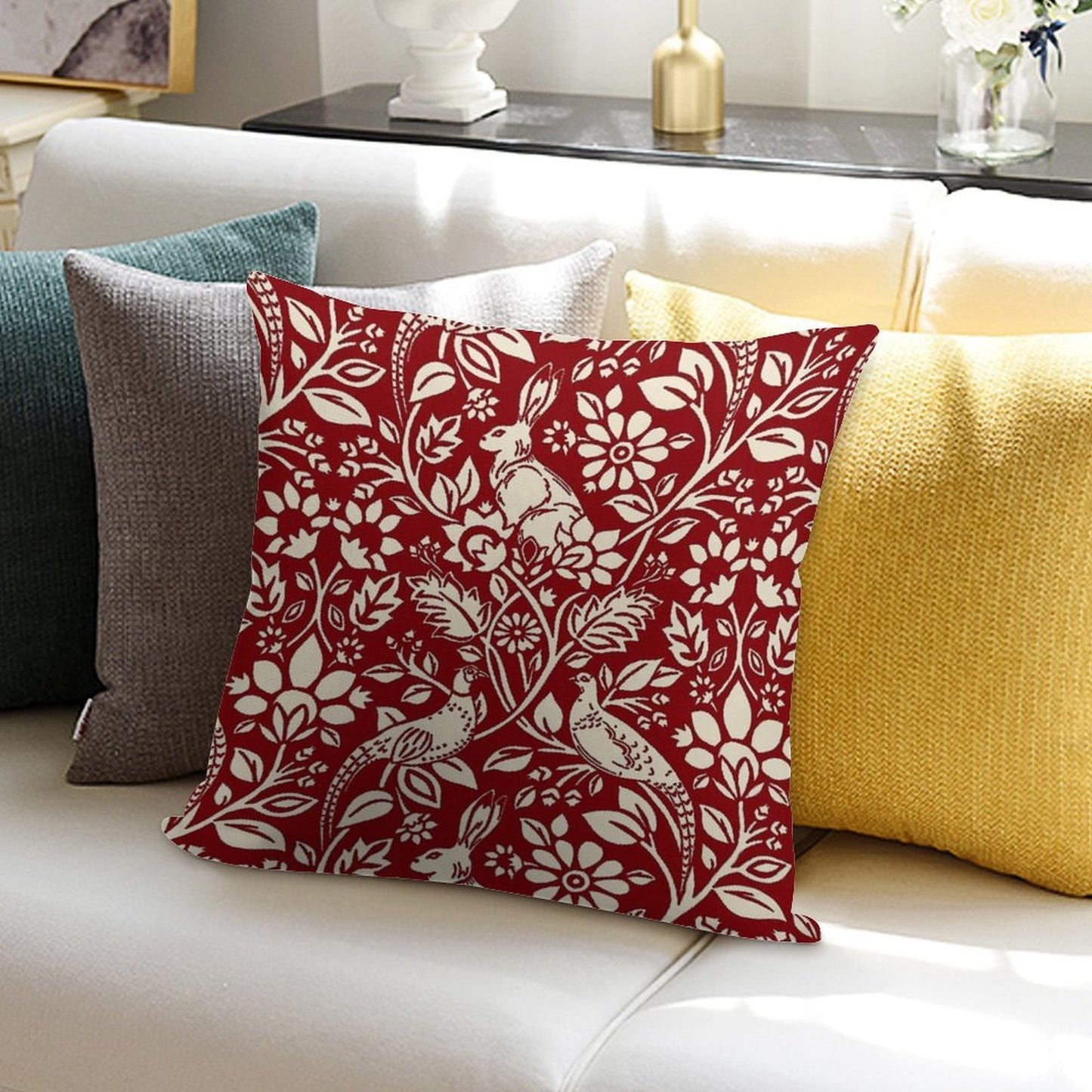 Pheasant And Hare Pattern, Deep Red And Cream Soft Gift Ready Throw Pillow