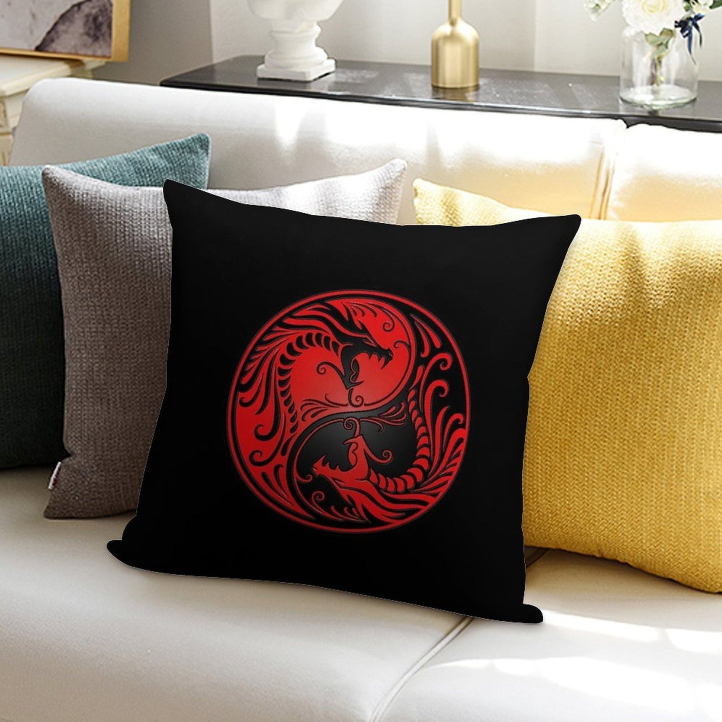 Yin Yang Dragons Red And Black Soft Gift Ready Throw Pillow
