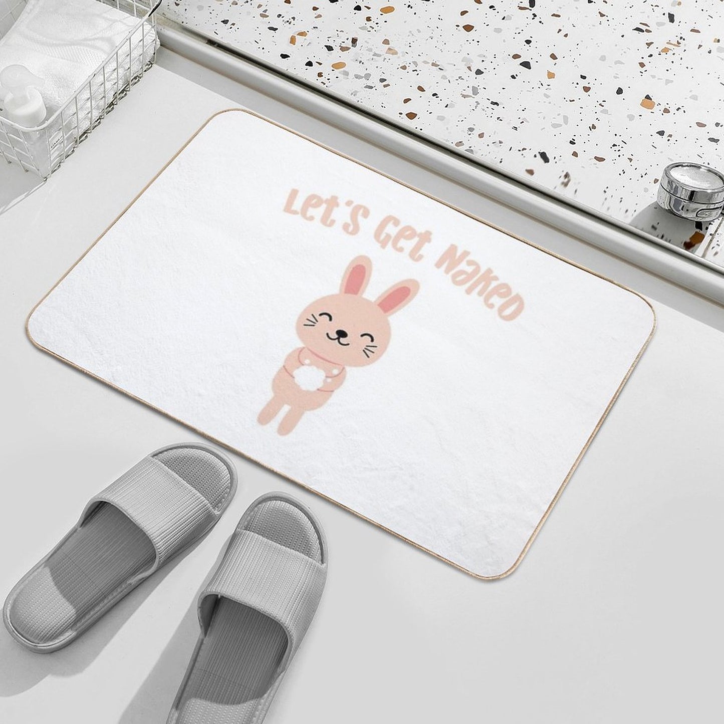 Let's Get Naked Cute Bunny in Bathroom Funny Quote  Toxin-Free Bath Mat
