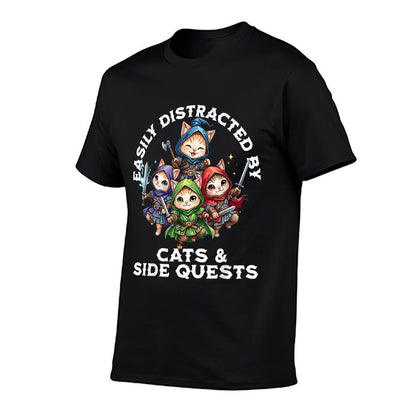 Easily Distracted by Cats And Side Quests Funny Gamer Cat  Polyester Blend T-Shirt