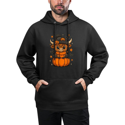 Retro Halloween Highland Cow Pumpkin Fall Cow Thanksgiving Relaxed Fit Hoodie