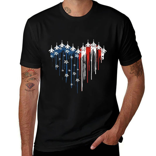 Fighter Jet Airplane American Heart 4th Of July Retro  Trendy Pattern T-Shirt