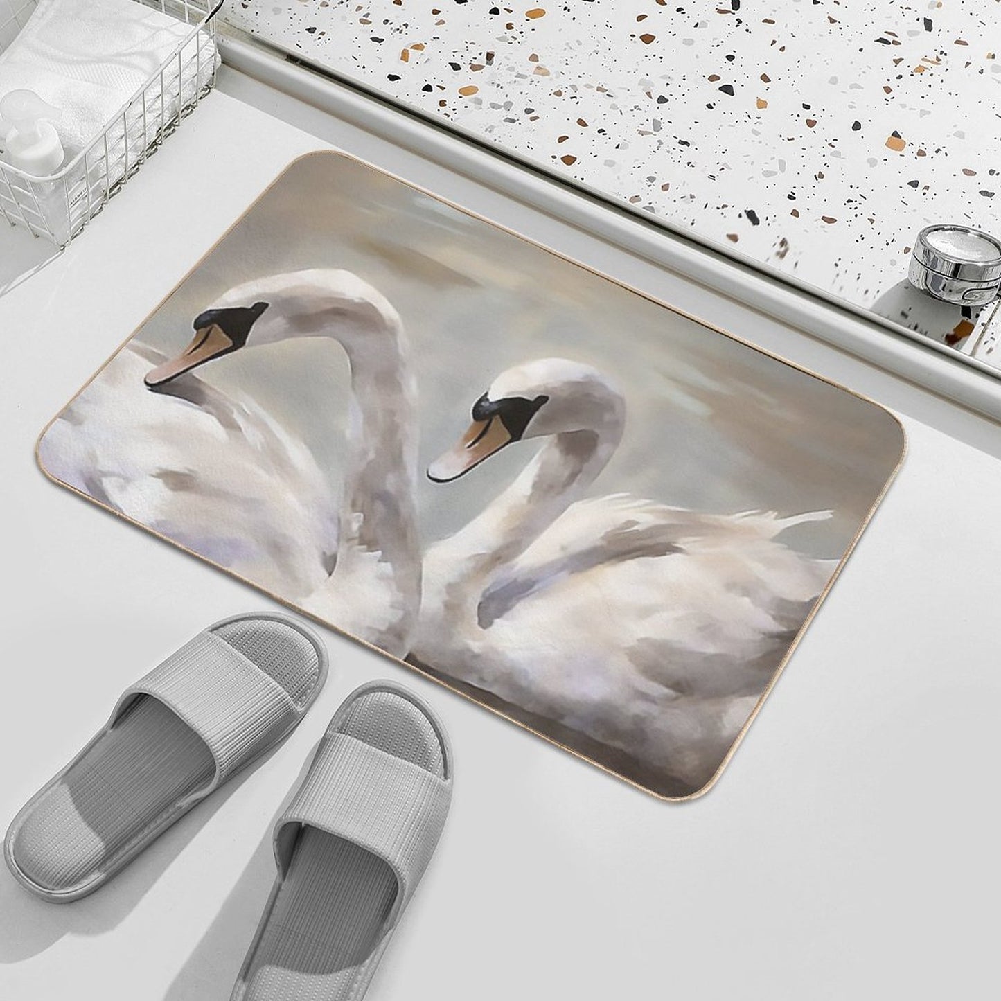 Coquette Aesthetic Vintage Painting of Two Swans  Stain-Proof Bath Mat