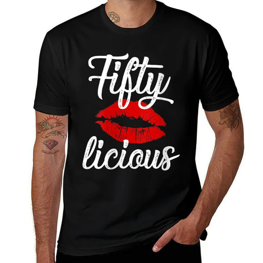 Womens Fifty Licious Sexy Lips Funny 50th Birthday Party Outfit  Summer-ready Fabric T-Shirt