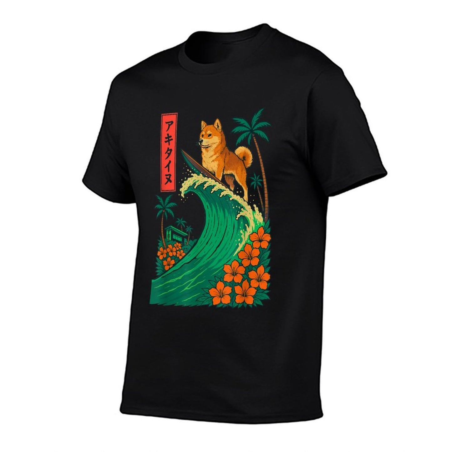 Japanese Shiba Inu Surfing Wave Great Wave Japan  High-quality Stitching T-Shirt