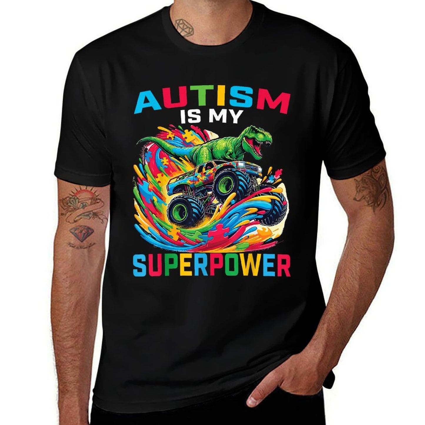 Autism Is My Superpower Dino T Rex Monster Truck Kids Boys  Relaxed-fit T-Shirt
