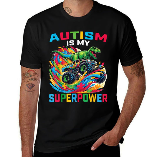 Autism Is My Superpower Dino T Rex Monster Truck Kids Boys  Relaxed-fit T-Shirt
