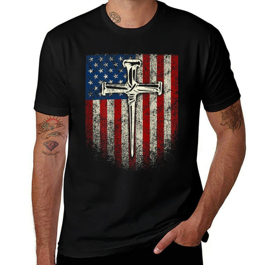 (Art on Back) American US Cross Christian  Heathered Texture T-Shirt