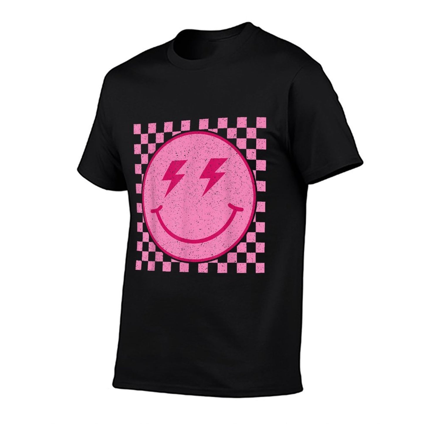 Retro Pink Happy Face Checkered Pattern Smile Face Trendy  Slim-fit Cut T-Shirt