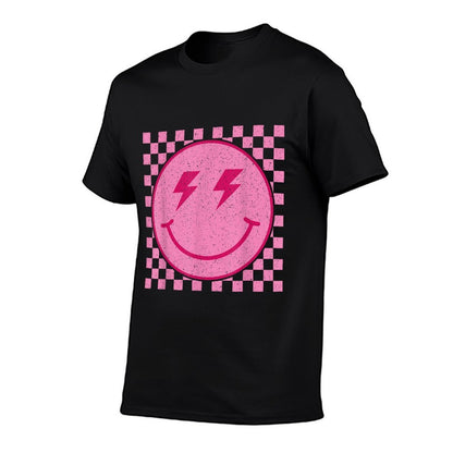 Retro Pink Happy Face Checkered Pattern Smile Face Trendy  Slim-fit Cut T-Shirt