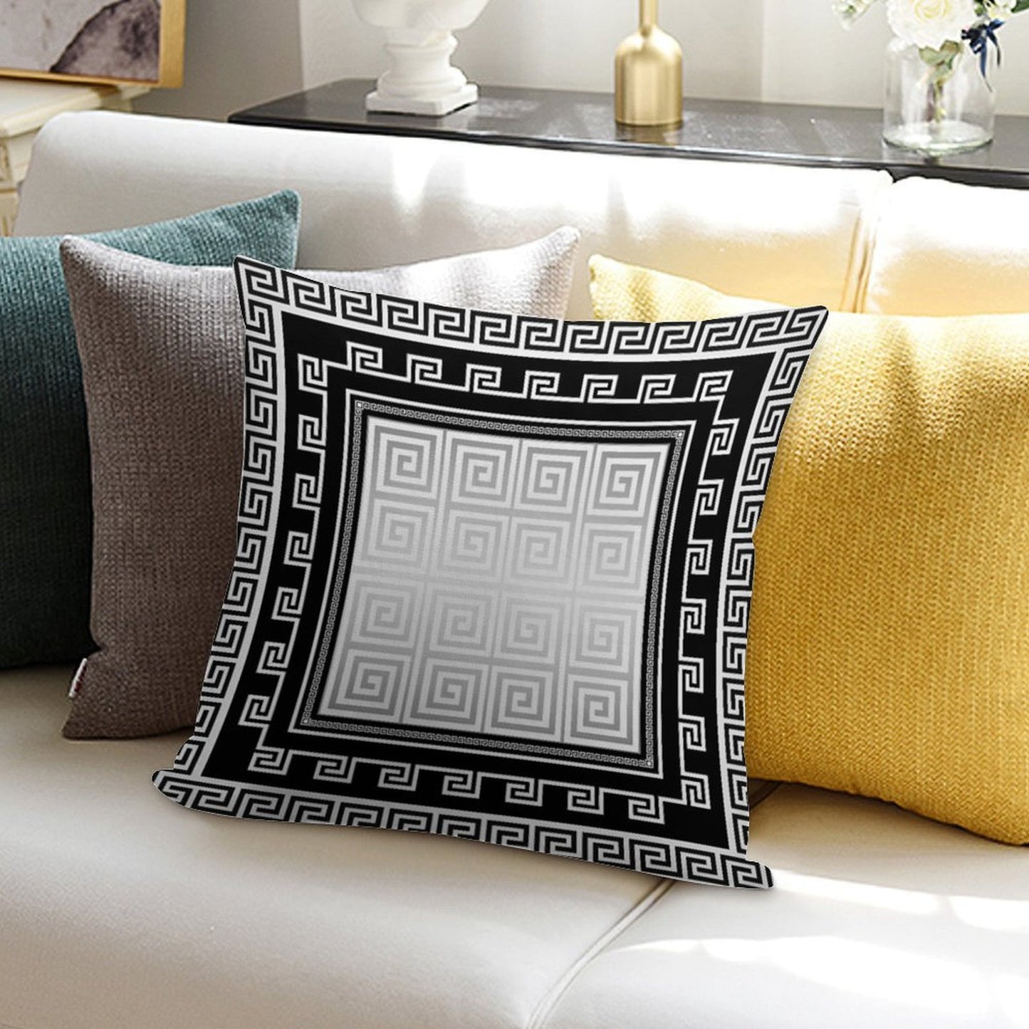 Greek Keys Black White Silver Gray Soft Hidden Zipper Throw Pillow