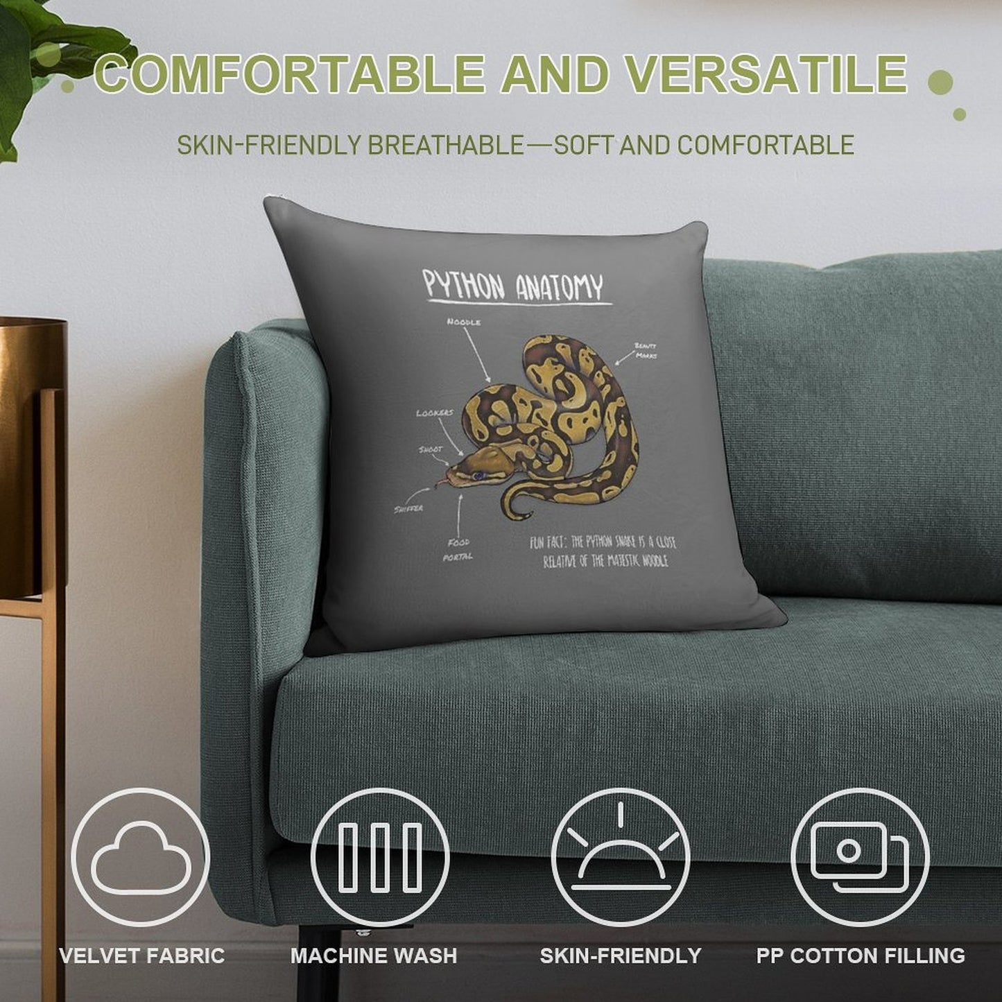 Python Anatomy Soft Hidden Zipper Throw Pillow