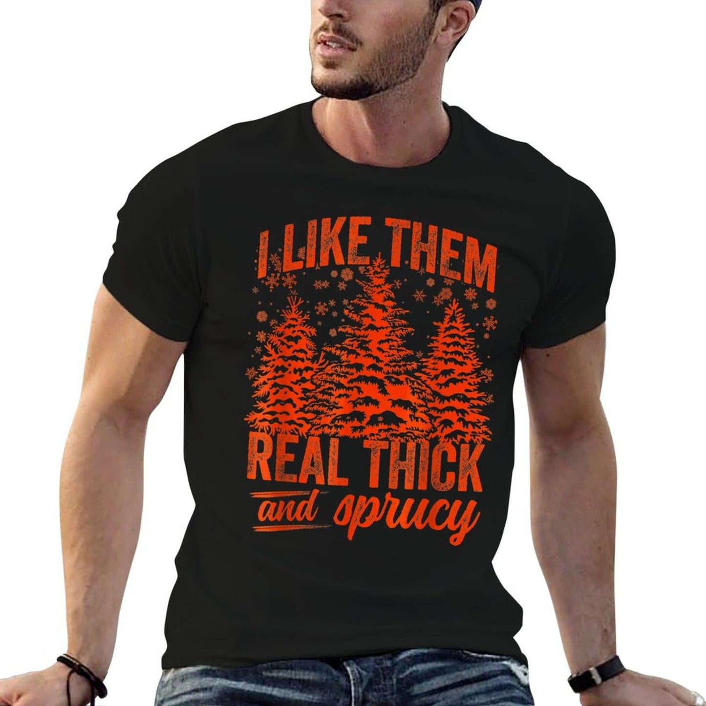 I Like Them Real Thick  Sprucey Funny Christmas Tree  Rolled Sleeves T-Shirt