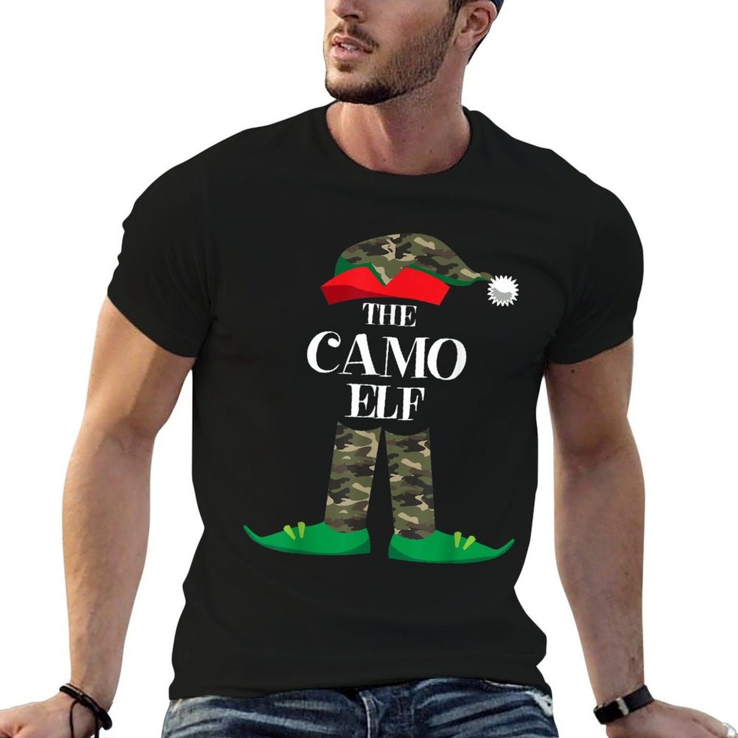 Camo Elf Matching Group Family Christmas Camouflage Pajama  Cotton T-Shirt