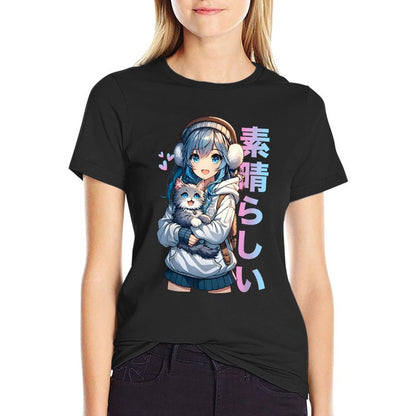 Cute Anime Girl with A Cat for Cat Lover Kawaii Otaku Manga  Versatile T-Shirt
