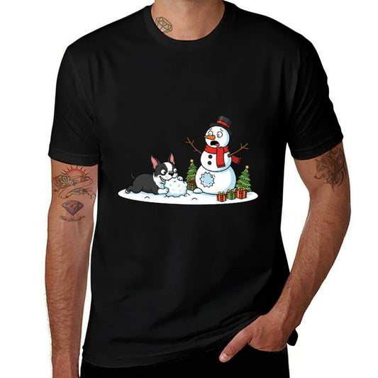Boston Terrier Snowman Christmas Tree Xmas Womens Mens Kids  Tagless Design T-Shirt