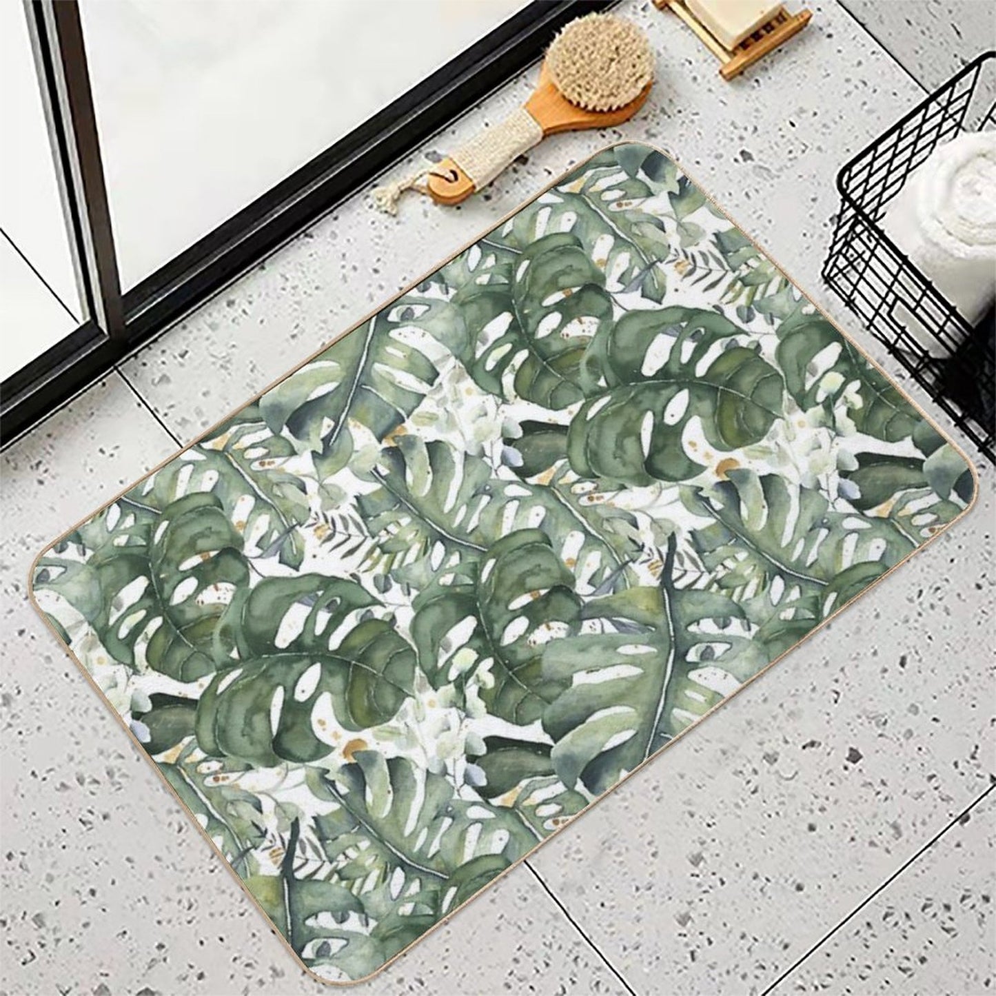 Watercercolor Monstera And Eucalyptus Botanical Garden Pattern Nightgarden  Repositionable Bath Mat