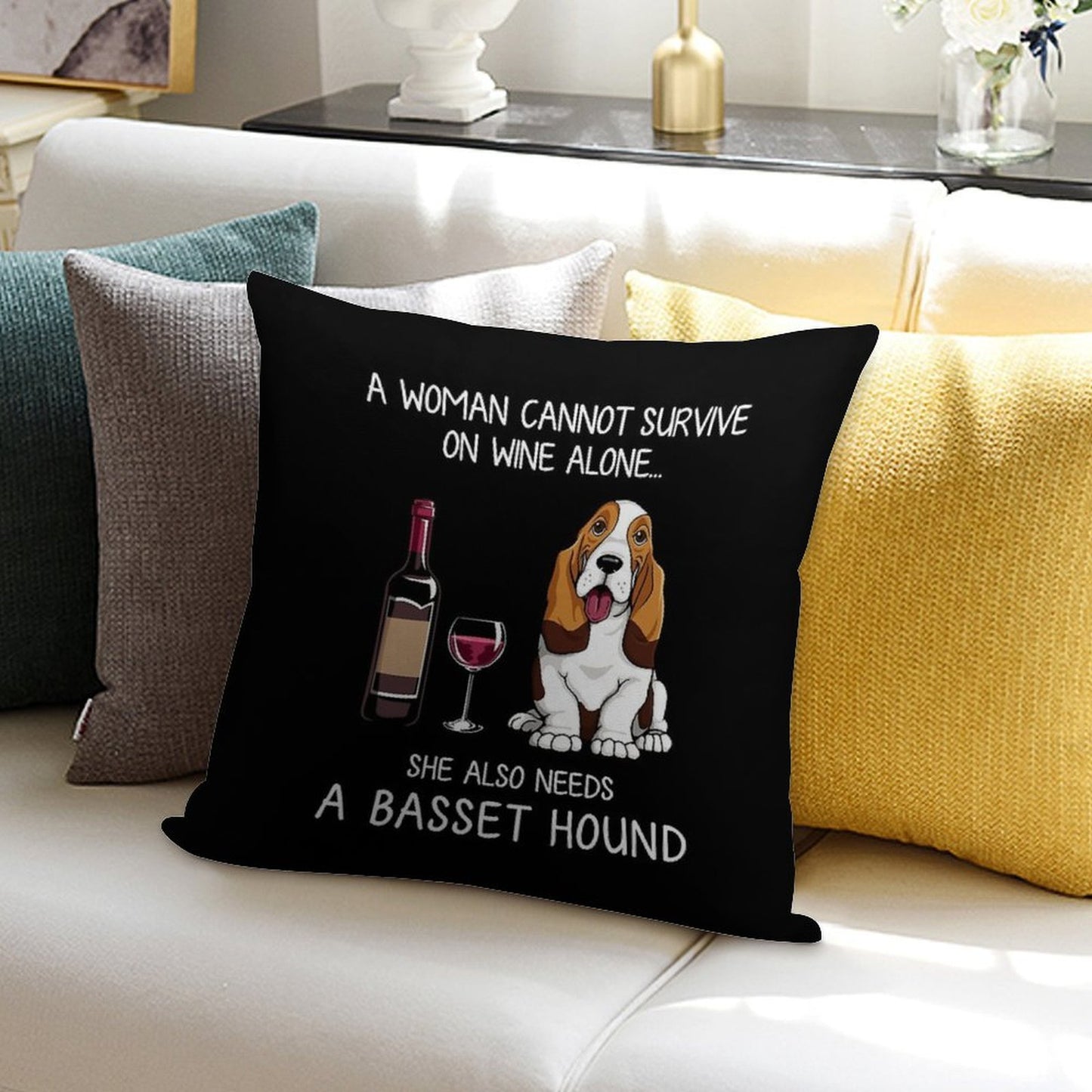 Basset Hound And Wine Funny Dog Soft Easy Maintenance Throw Pillow
