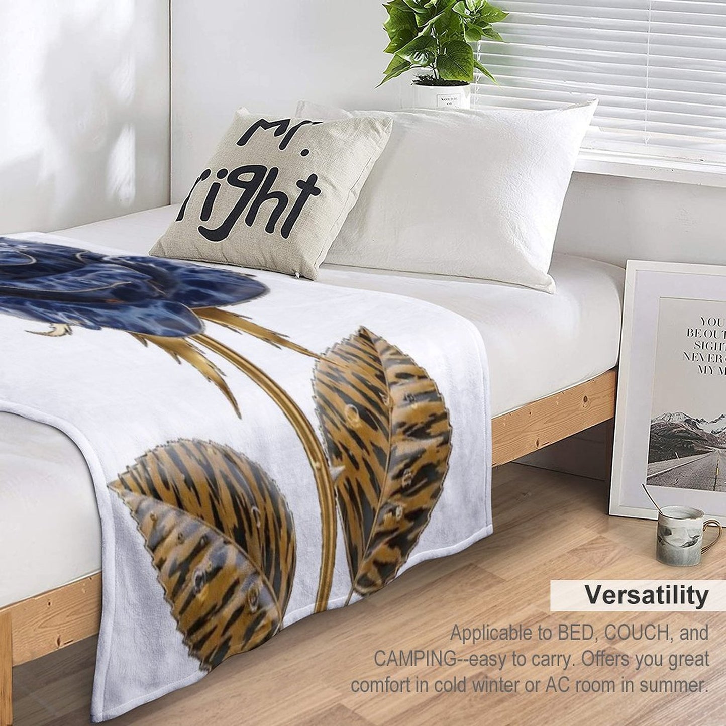 Blue Lapis Lazuli Rose with Golden Tiger Leaves Travel-friendly Throw Blanket