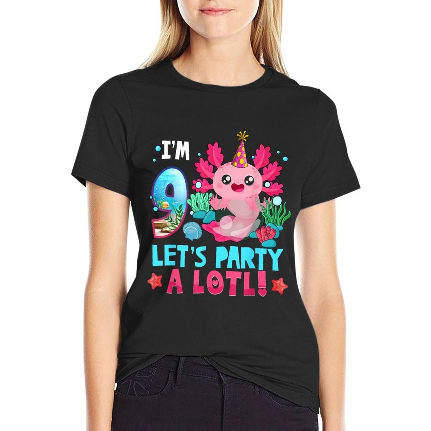 I'm 9 Years Old Let's Party A Lotl Axolotl 9th Birthday Kids  Moisture-wicking T-Shirt