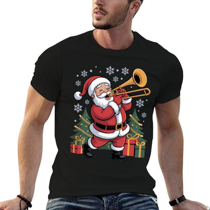 Santa Playing Trombone Funny Holiday Chrismas Xmas Pajama  Summer-ready Fabric T-Shirt