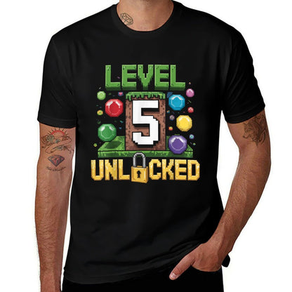 Birthday Boy Level 5 Unlocked 5th Birthday Game Pixel  Cotton T-Shirt