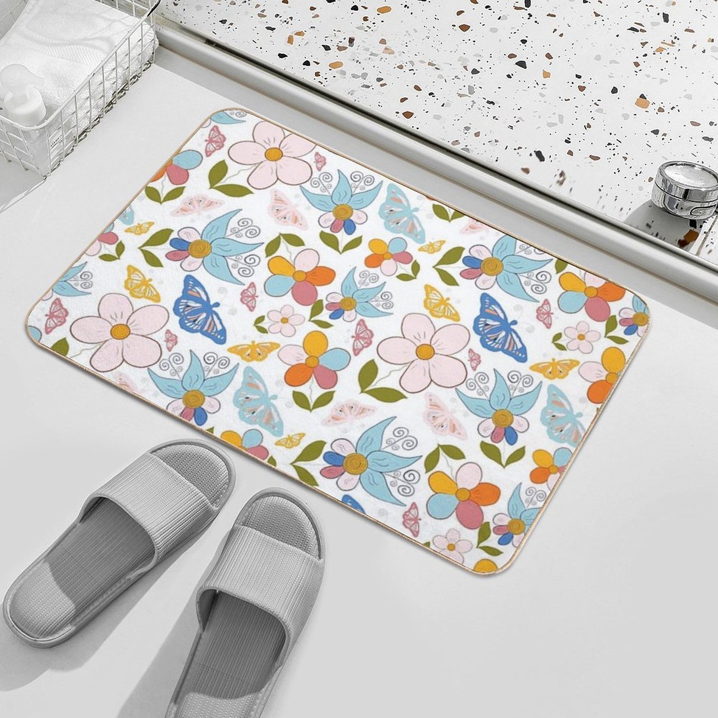 Whimsical  Beautiful Summer Butterfly Garden  Absorbent Bath Mat
