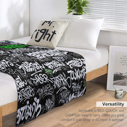 Japanese Graffiti Tags White & Lime Green on Black Sustainable Throw Blanket