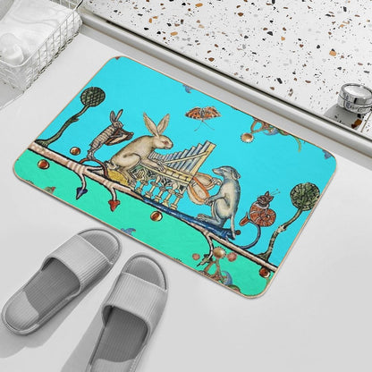 WEIRD MEDIEVAL BESTIARY MAKING MUSIC,White Rabbit And Dog Playing Organ, Harpist Hare, Snail Cat in Blue  Anti-Trip Bath Mat