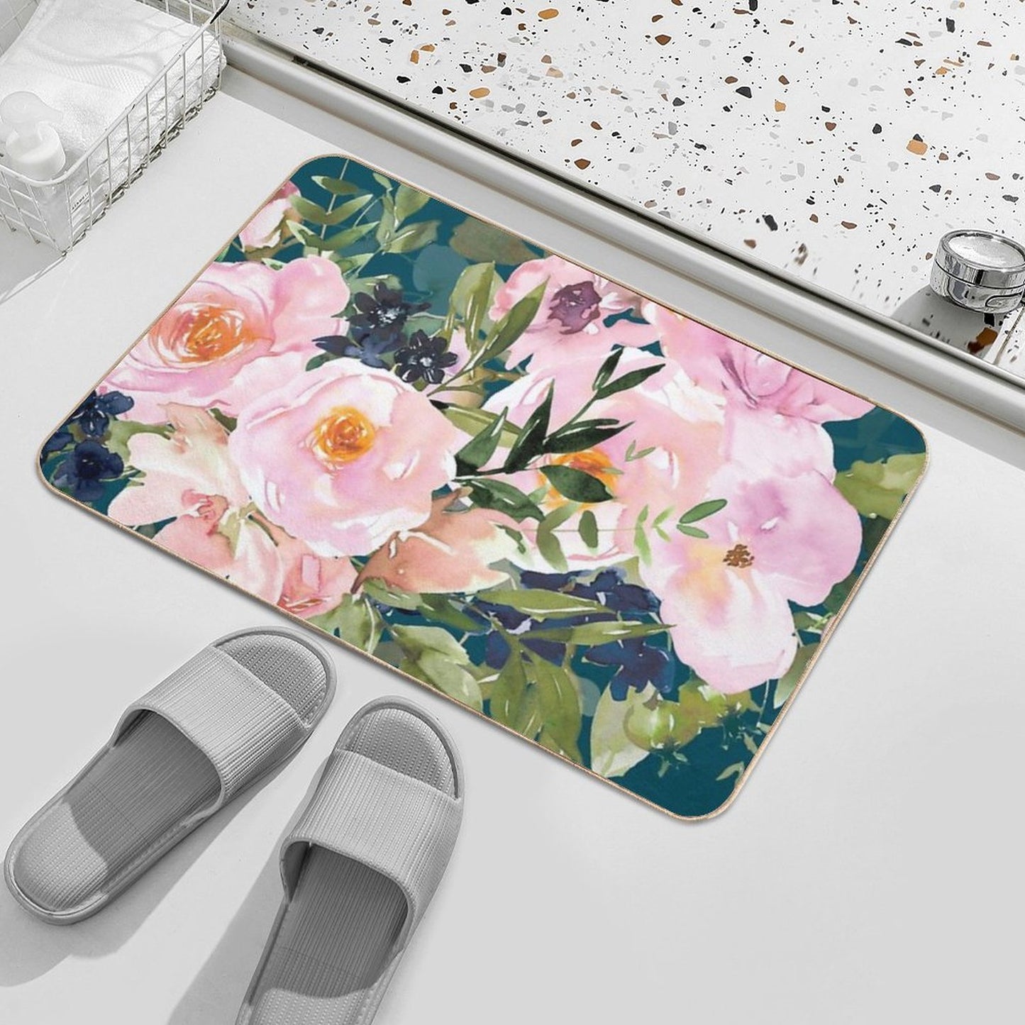 Floral Watercolor Rose Bouquet, Teal And Pink  Versatile Bath Mat