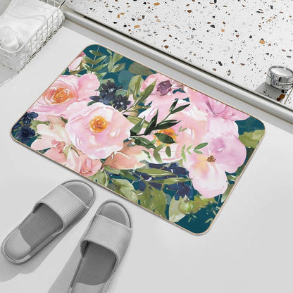 Floral Watercolor Rose Bouquet, Teal And Pink  Versatile Bath Mat