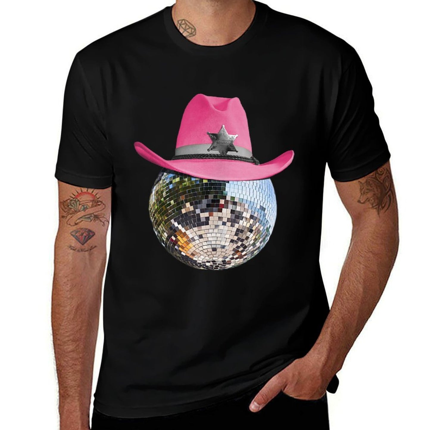 Disco Ball Wearing Pink Cowboy Hat Club Retro  Wrinkle-resistant T-Shirt