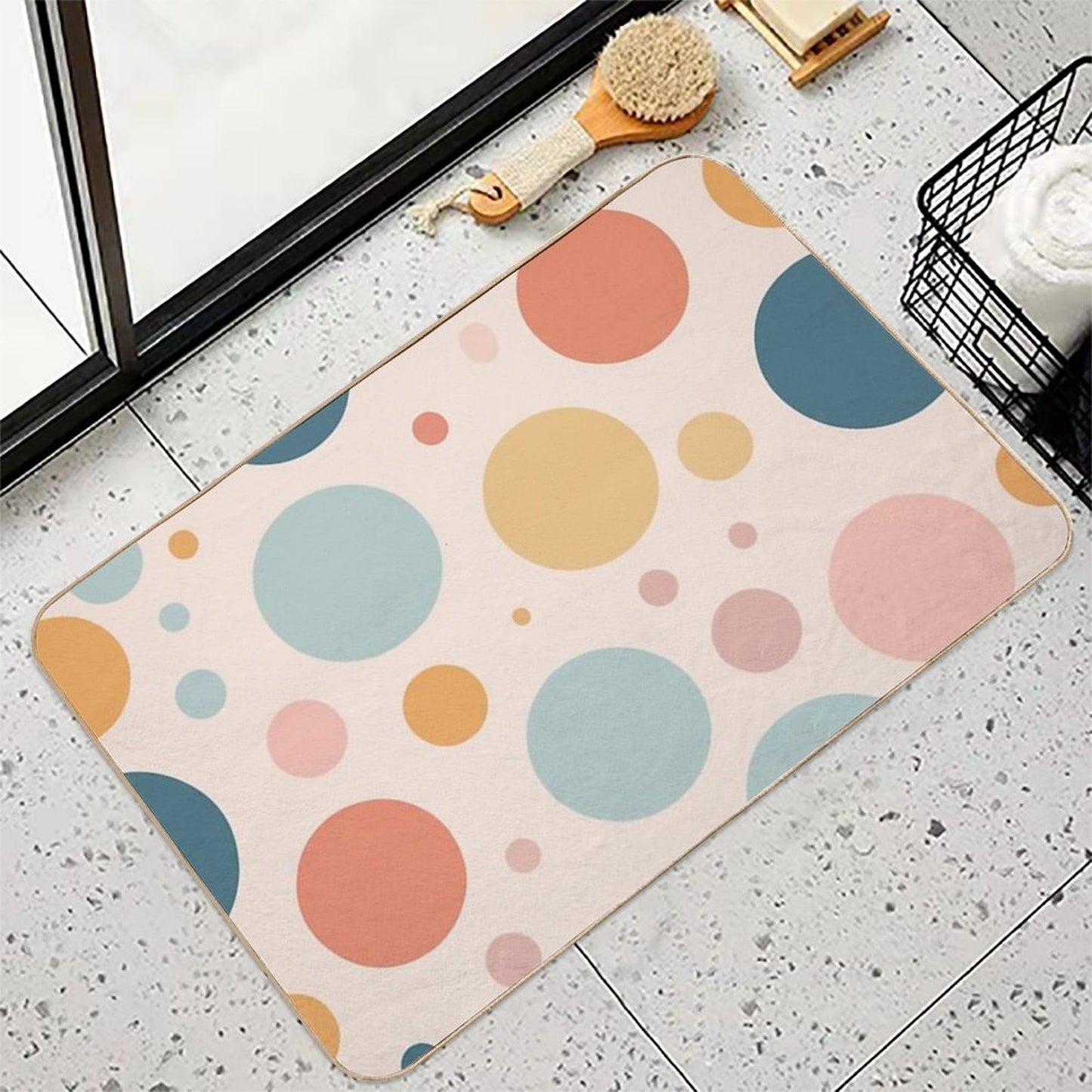 A Design of A Polka Dots Pattern in Soft Pastel Colors with A Gentle, Subtle Arrangement of Dots.  Rapid-Drying Bath Mat