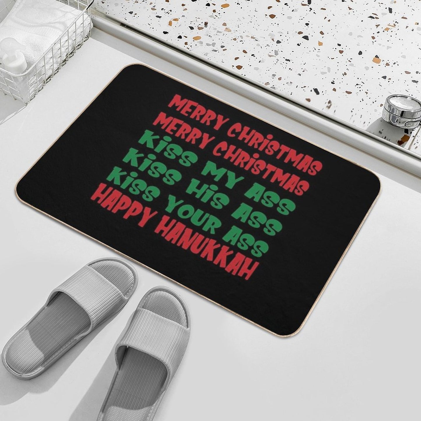 Merry Christmas Kiss My Ass Funny Hanukkah Vacation  Dirt-Trapping Bath Mat